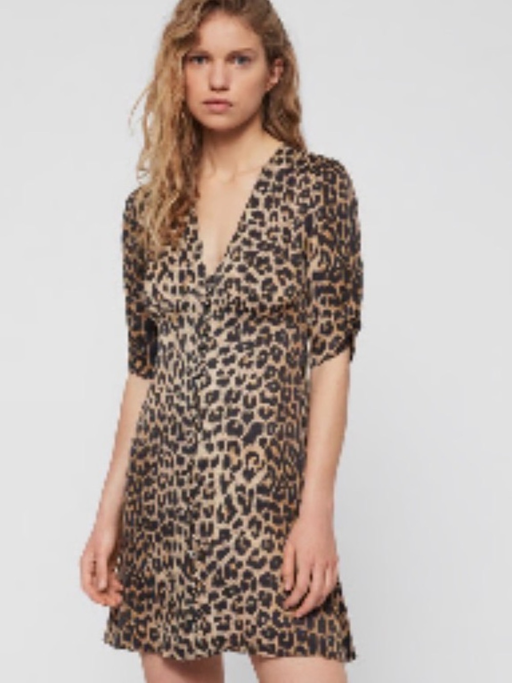 AllSaints Leopard-Print V-Neck Dress in Tan and Black - Picture 2 of 4
